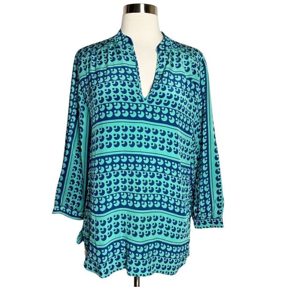 Amanda Uprichard Womens Silk Blouse Size Small Green Navy 3/4 Sleeve Pullover - Picture 1 of 6